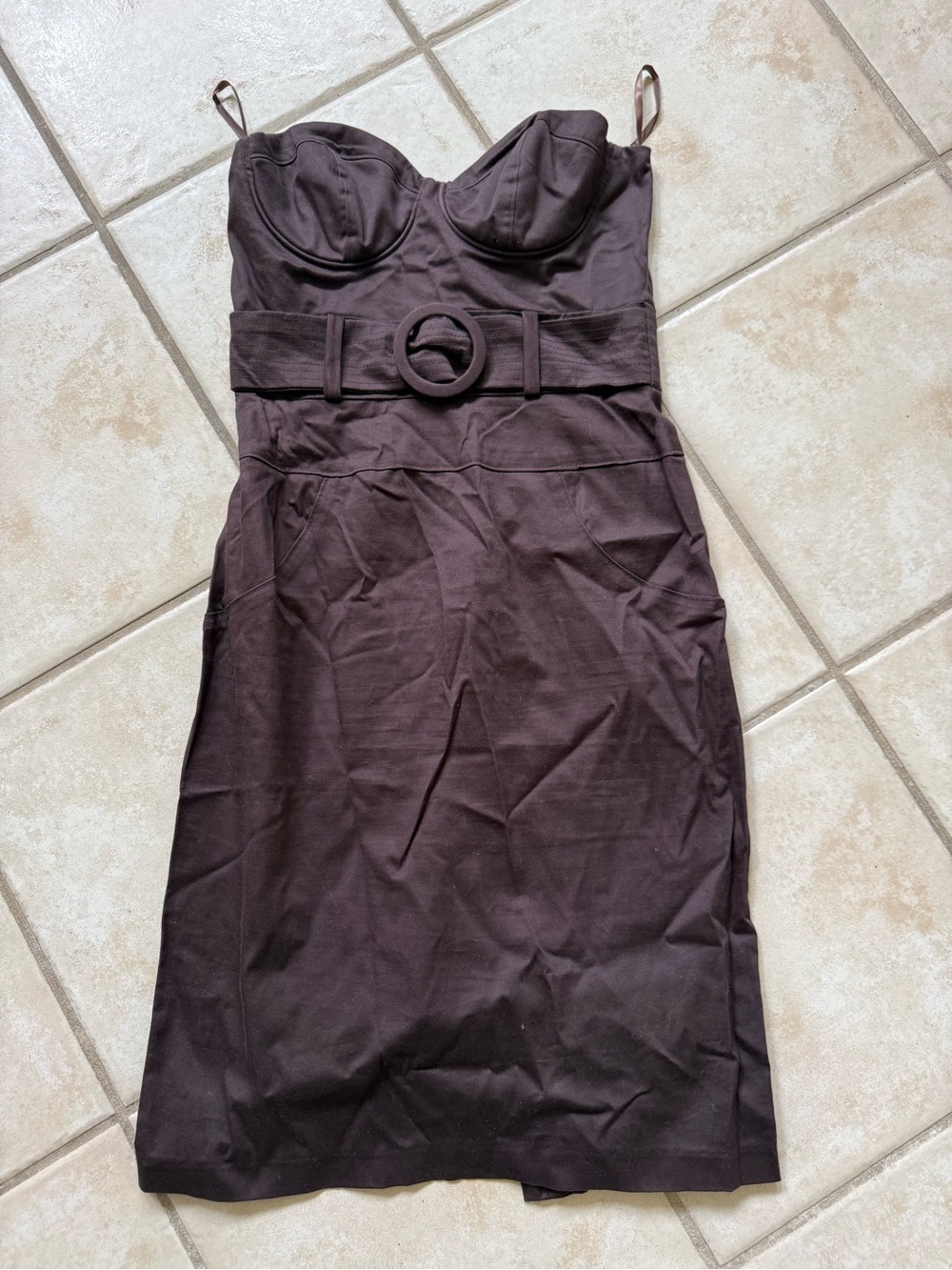 Arden B Strapless Belted Midi Dress in Dark Brown